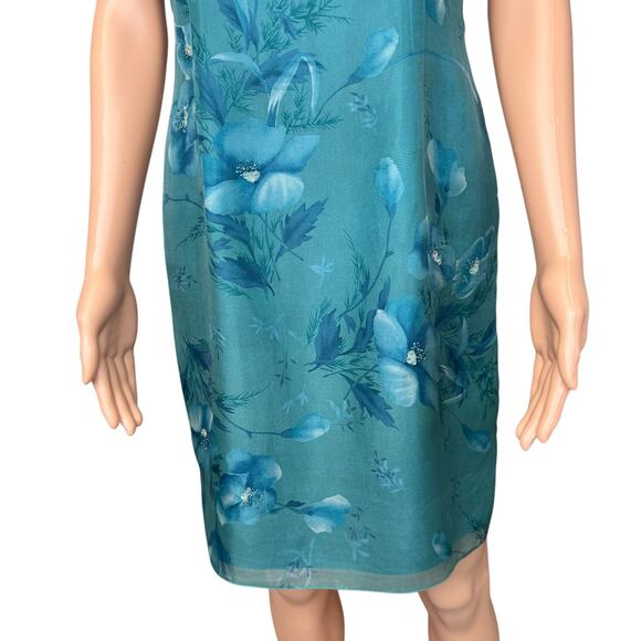 Vintage 90s Liz Claiborne 100% Silk Chiffon Dress Sz 6P Teal Floral Embellished - Picture 7 of 16